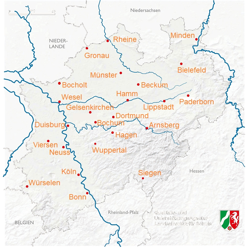 Karte von Nordrhein-Westfalen mit Standortmarkierung der Abitur-Online Schulen